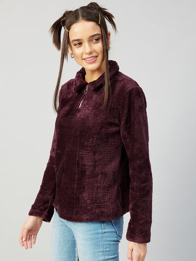 Athena Women Burgundy Solid Spread Collar Sweatshirt - Athena Lifestyle