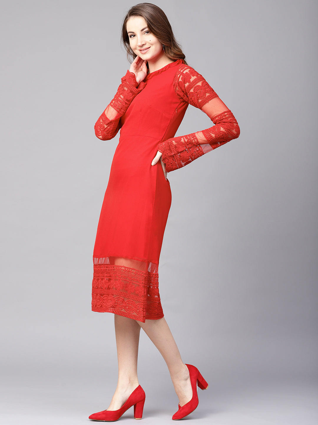 Athena Women Red Solid Lace Detail Sheath Dress - Athena Lifestyle