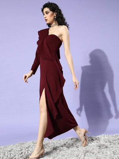 Athena Burgundy Solid One Shoulder Ruffles Detail Maxi Dress - Athena Lifestyle