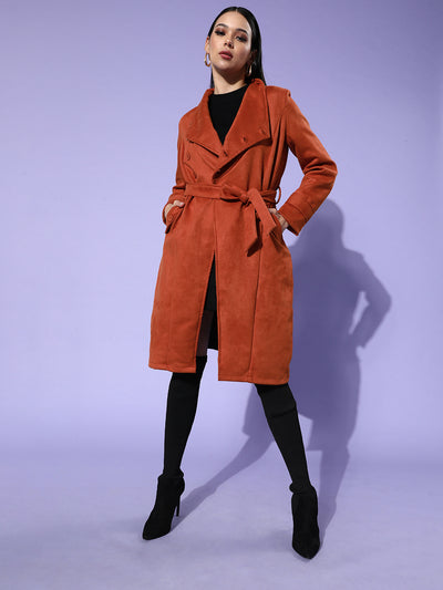 Athena Rust coat with waist Tie-up belt and pocket details - Athena Lifestyle
