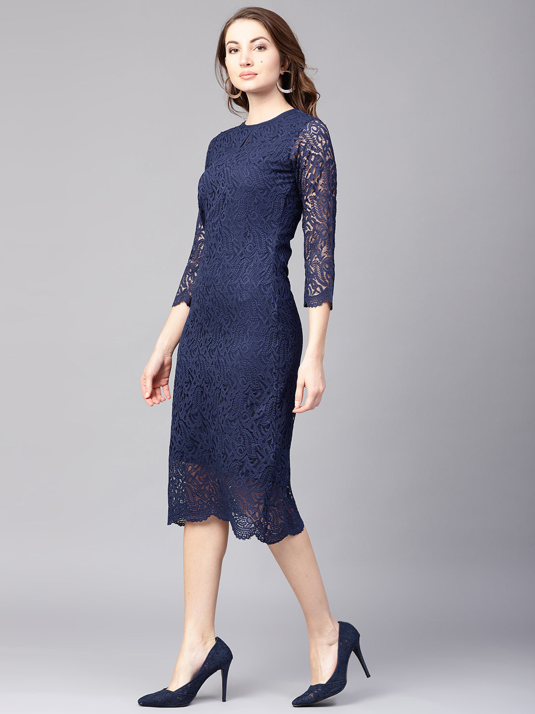 Athena Women Navy Blue Lace Sheath One Piece Dress - Athena Lifestyle