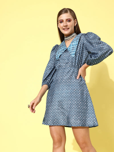 Athena Blue zoom collar dress with puff sleeves - Athena Lifestyle