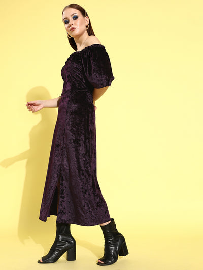 Athena Purple Velvet Bardot Corset Style A-Line Midi Dress - Athena Lifestyle