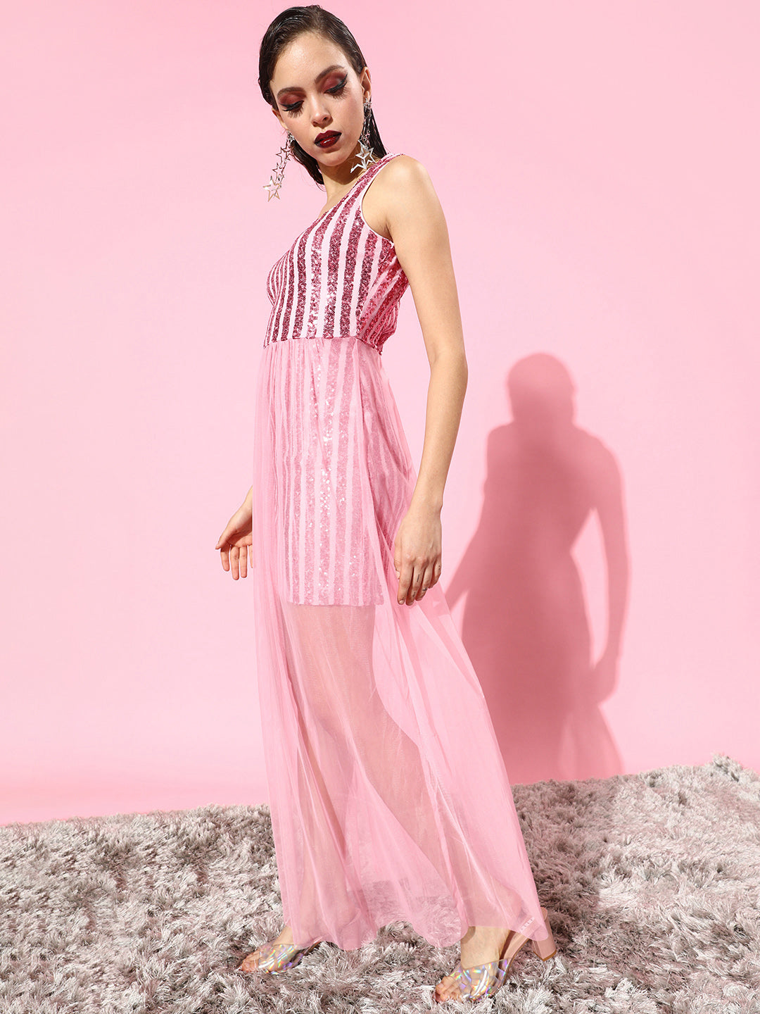 Athena Pink Striped Sweetheart Sequin Net Maxi Dress - Athena Lifestyle