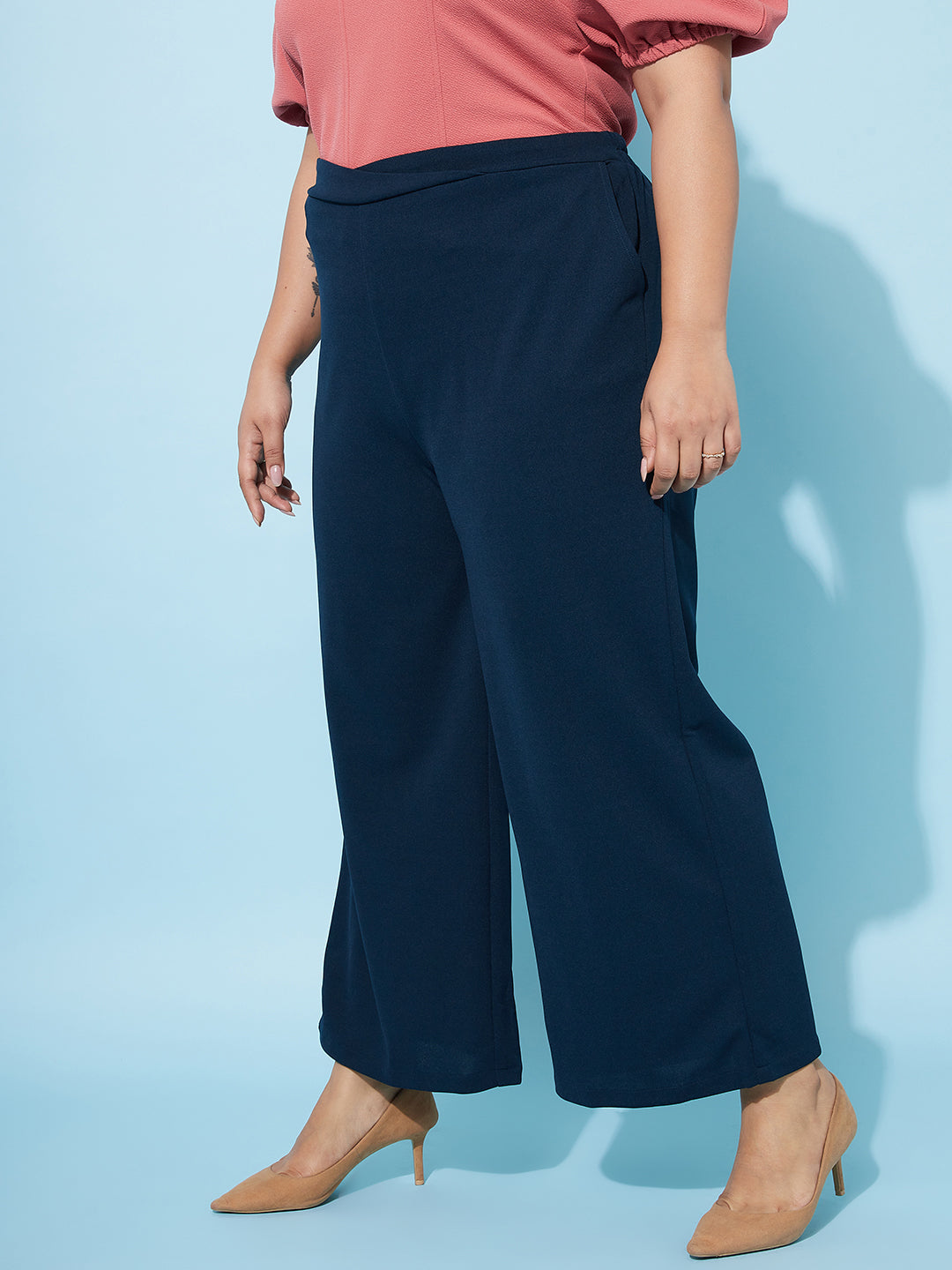 PANIT Blue Women Self Design Pleated Parallel Trouser