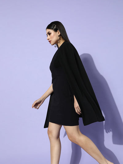 Athena Women Black Solid Cape Dress - Athena Lifestyle