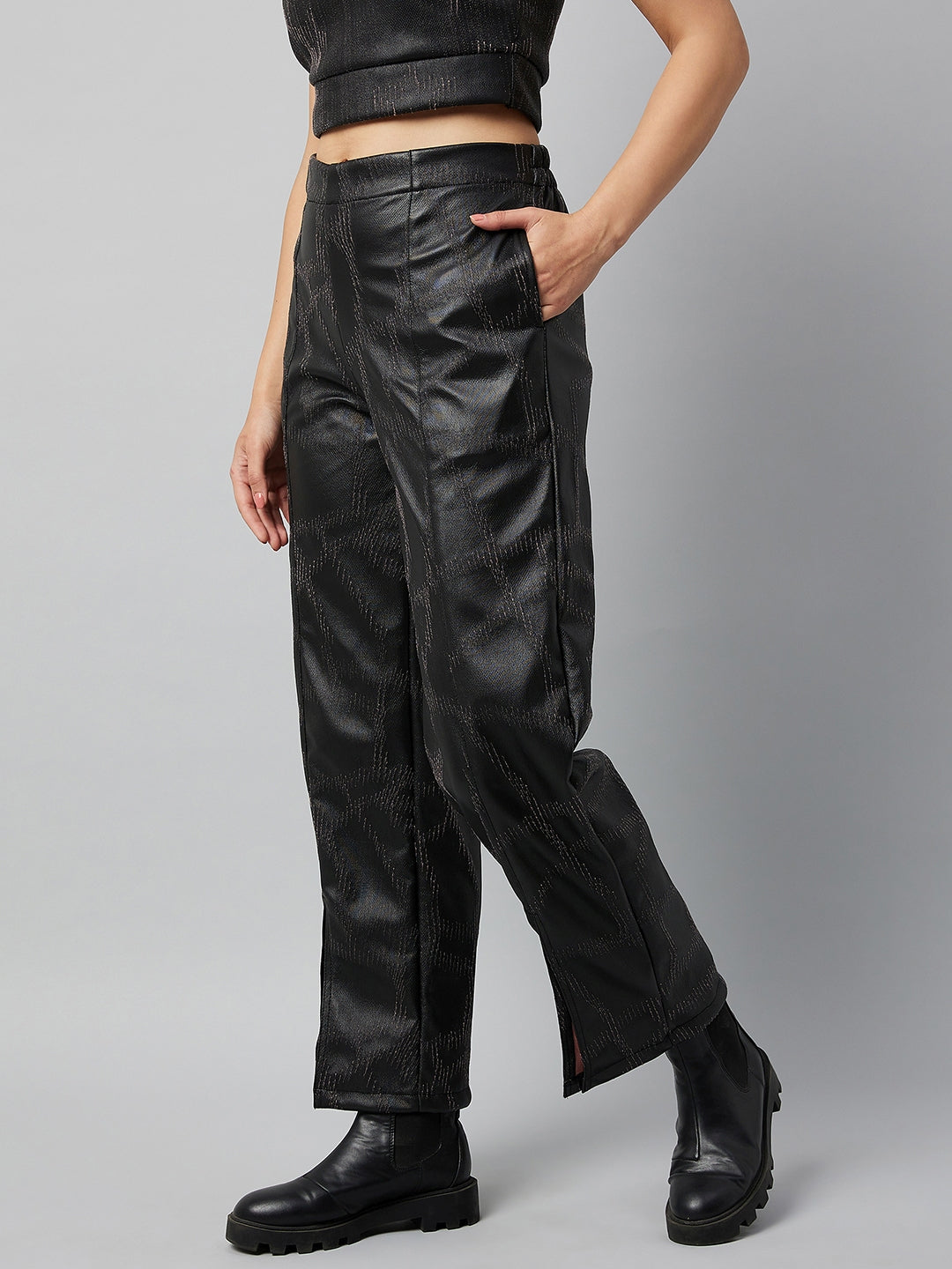 Athena Women Black Textured Smart Leather Non Iron Trousers - Athena Lifestyle