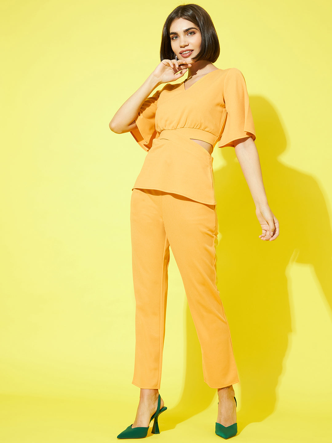 Athena Women Mustard Yellow Solid V-Neck Top and Trousers - Athena Lifestyle