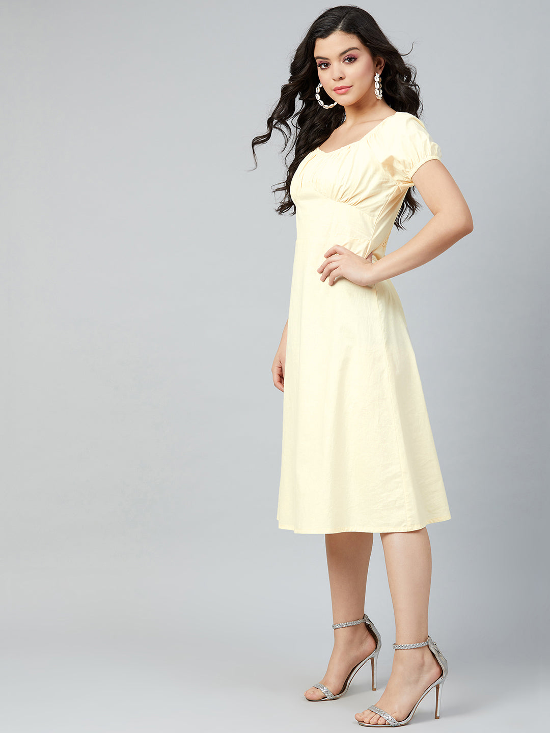 Athena Women Yellow Solid Cotton A-Line Dress with Gathers - Athena Lifestyle