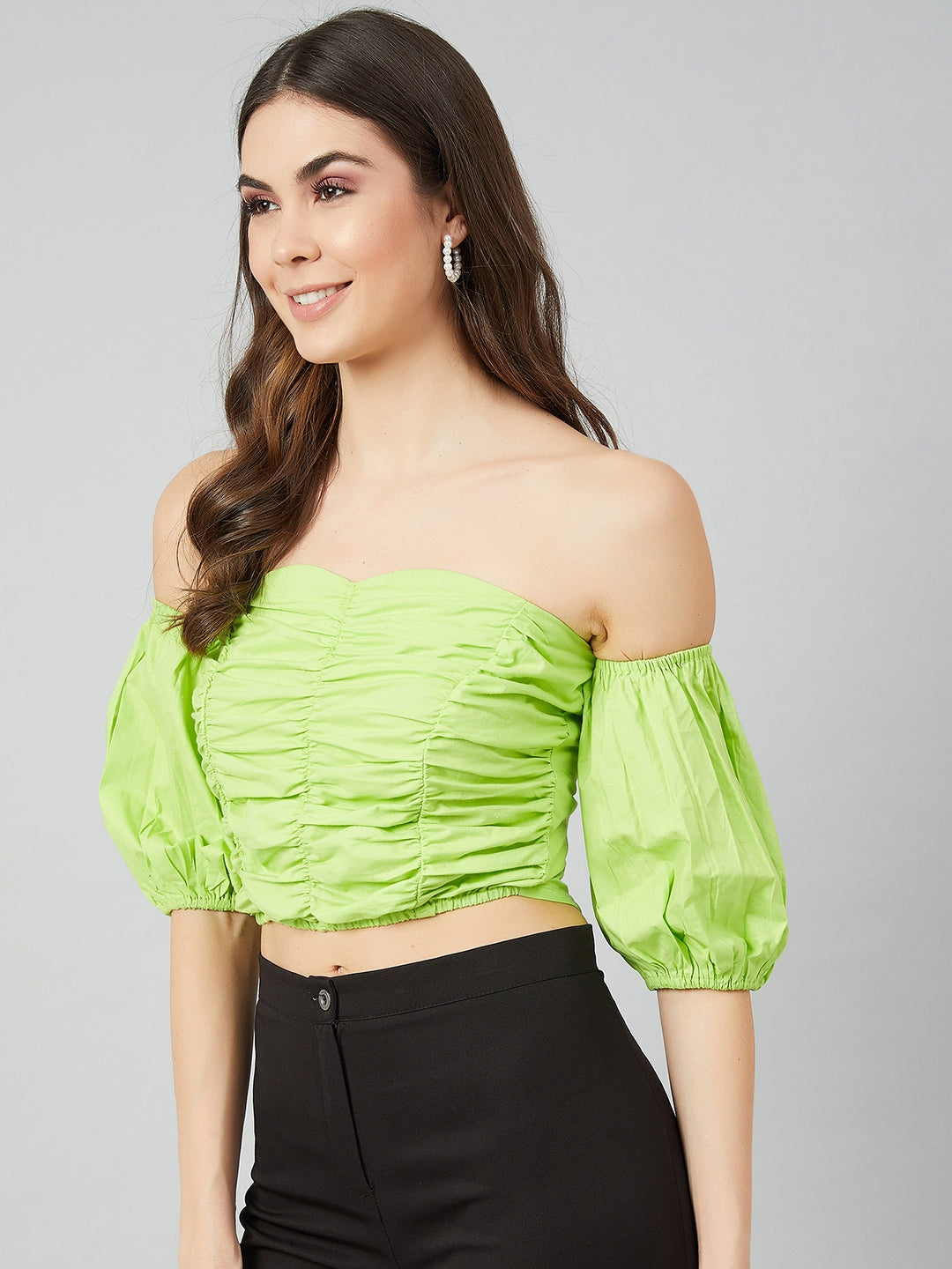 Athena Fluorescent Green Off-Shoulder Puff Sleeves Pure Cotton Bardot Crop Top - Athena Lifestyle