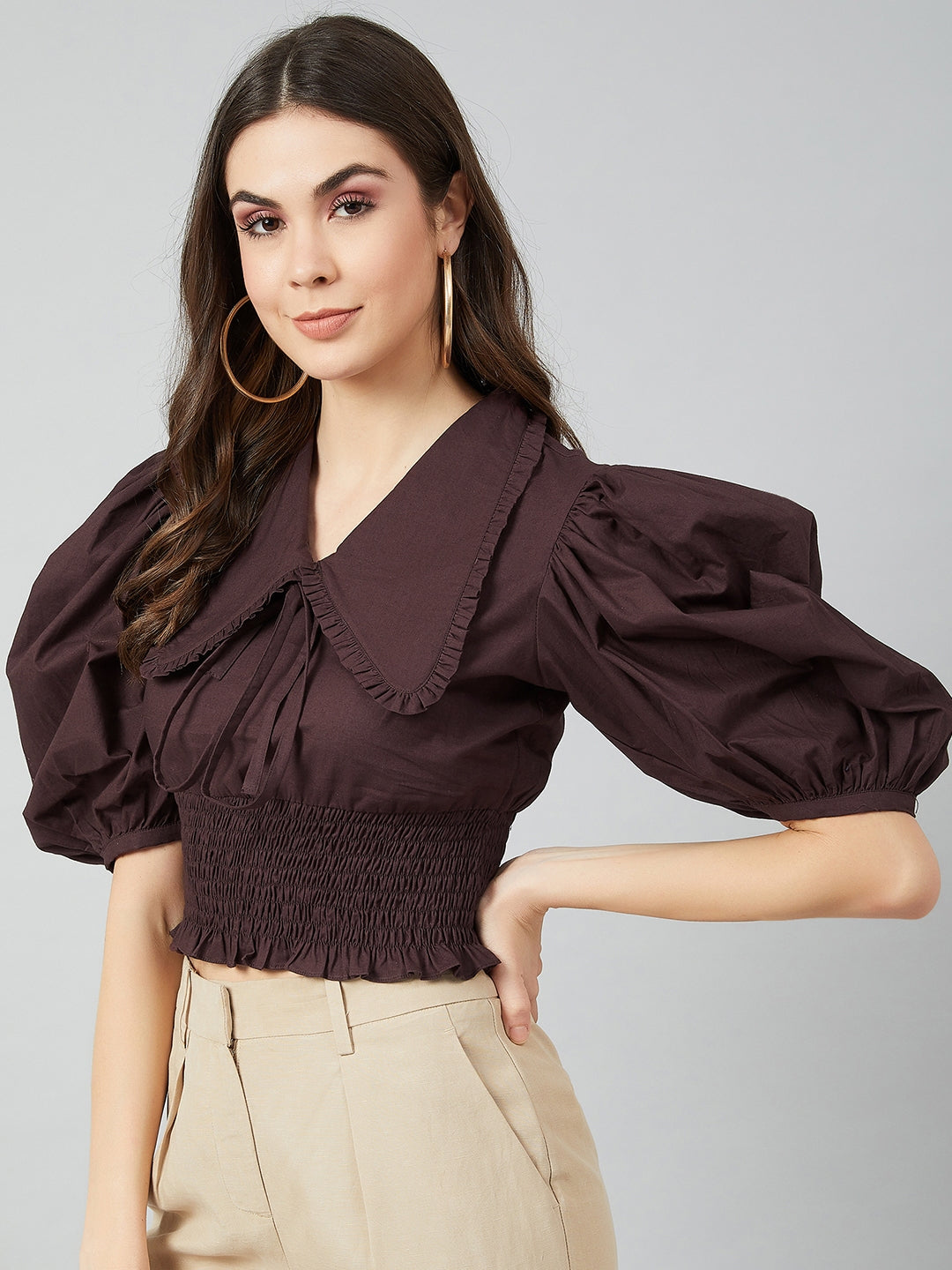 Athena Coffee Brown Tie-Up Neck Puff Sleeves Smocked Pure Cotton Top - Athena Lifestyle