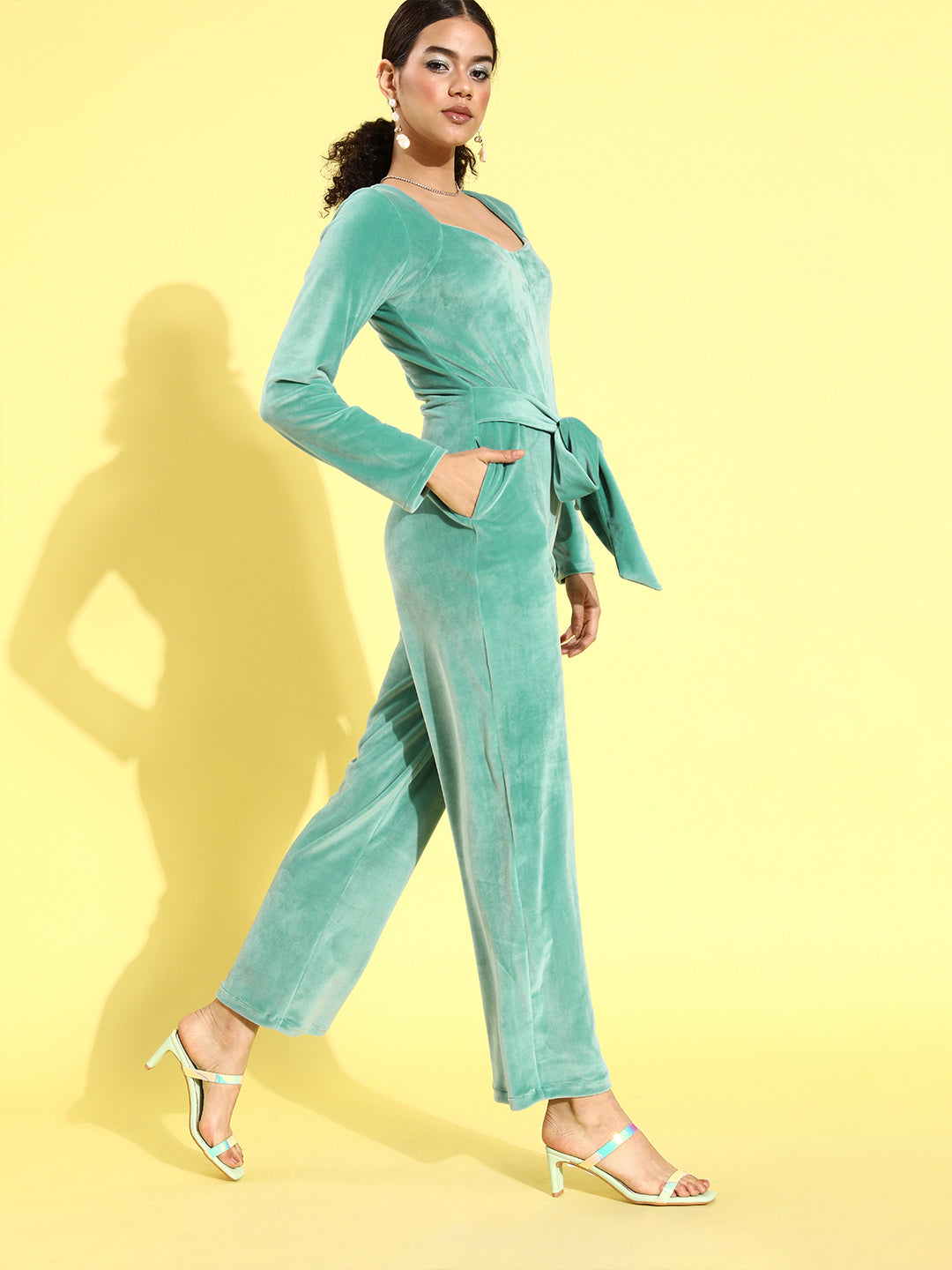 Athena Sea Green Velvet jumpsuit with sweetheart neckline and waist tie-up belt detail. - Athena Lifestyle