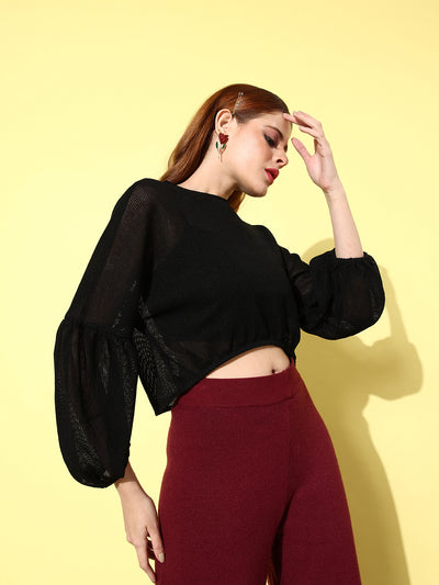 Athena Women Black Crop Woollen Pullover with Fuzzy Detail - Athena Lifestyle