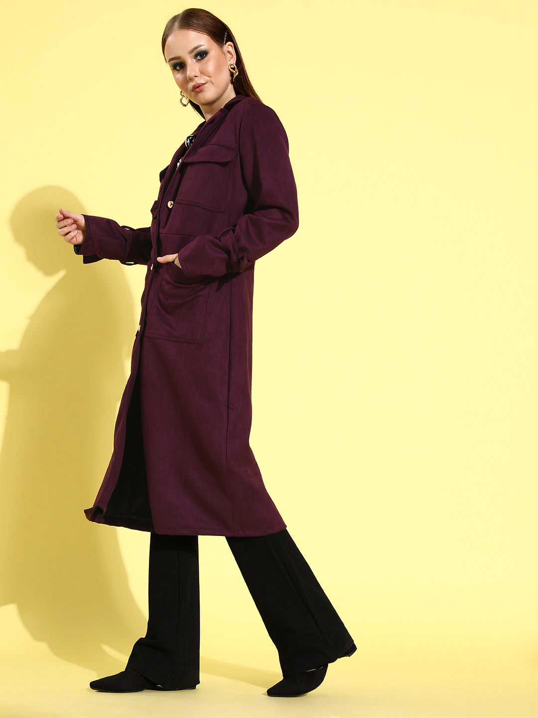 Athena Purple Suede trench coat with sleeve band and patch pocket details - Athena Lifestyle