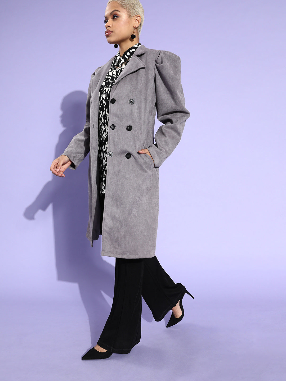 Athena Grey Trench coat with puff sleeves and pocket details - Athena Lifestyle