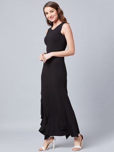 Athena Women Solid Black Round Neck Maxi Dress - Athena Lifestyle