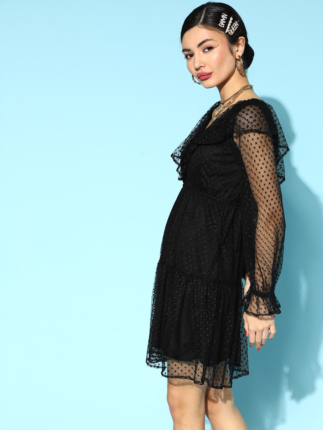 Athena Black frill tulle dress with full sleeves - Athena Lifestyle