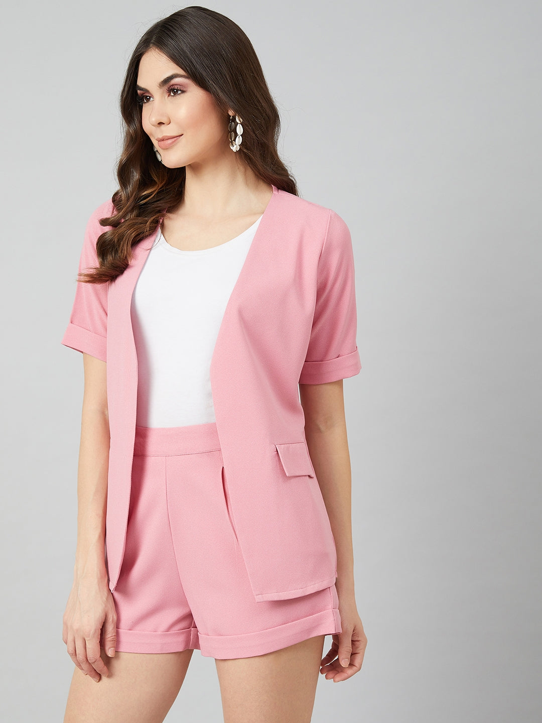 Athena Women Pink Solid Coat with Shorts - Athena Lifestyle