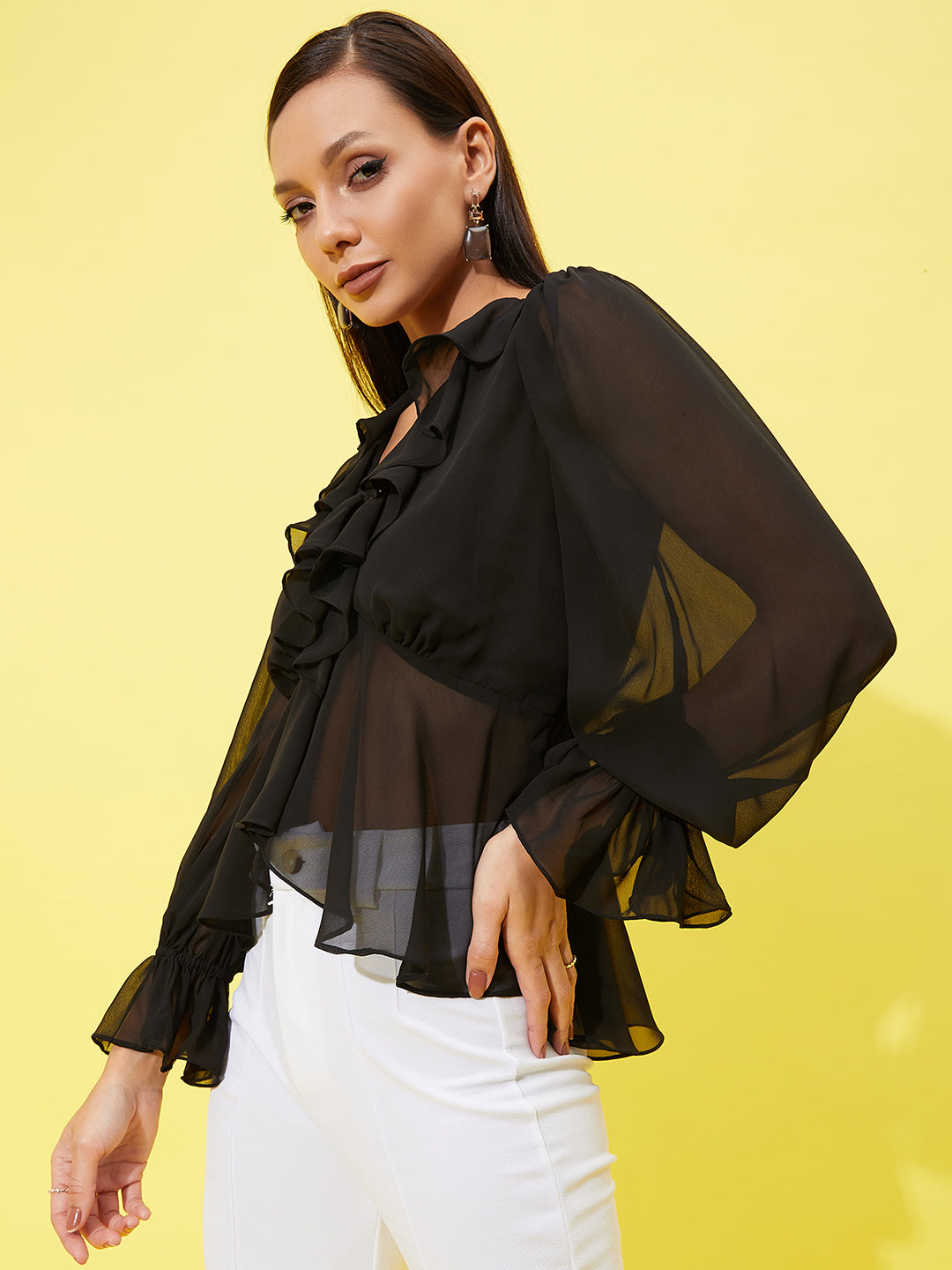 Athena V-Neck Puff Sleeve Ruffles Georgette Top - Athena Lifestyle