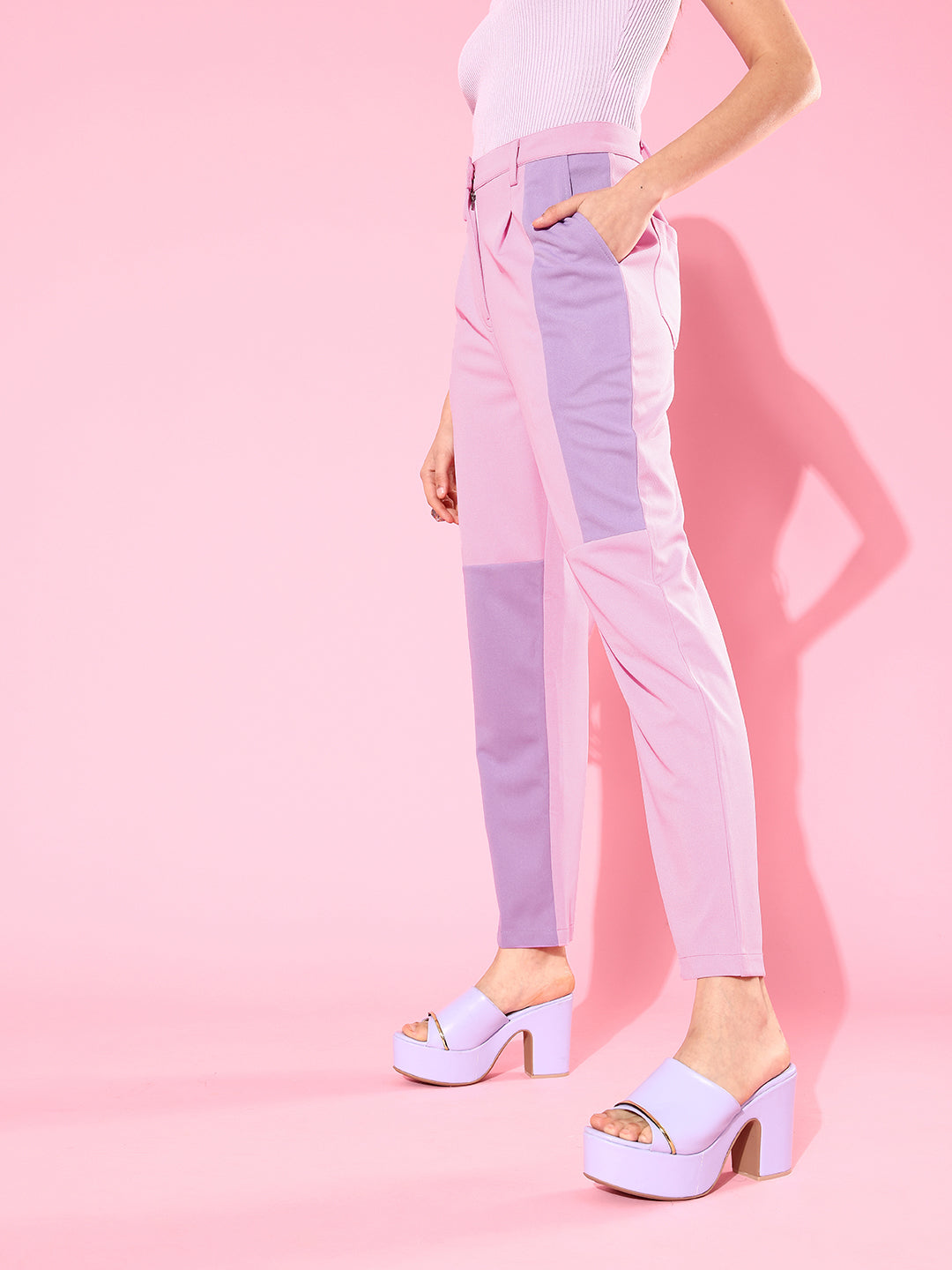 Athena Women Purple & Pink Colourblocked Smart High-Rise Easy Wash Trousers - Athena Lifestyle