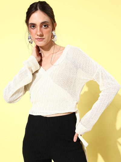 Athena Women White Crop Woollen Sweater with Fuzzy Detail - Athena Lifestyle