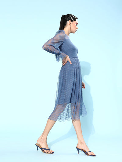 Athena Women Stunning Blue Self Design Tulle Dress - Athena Lifestyle