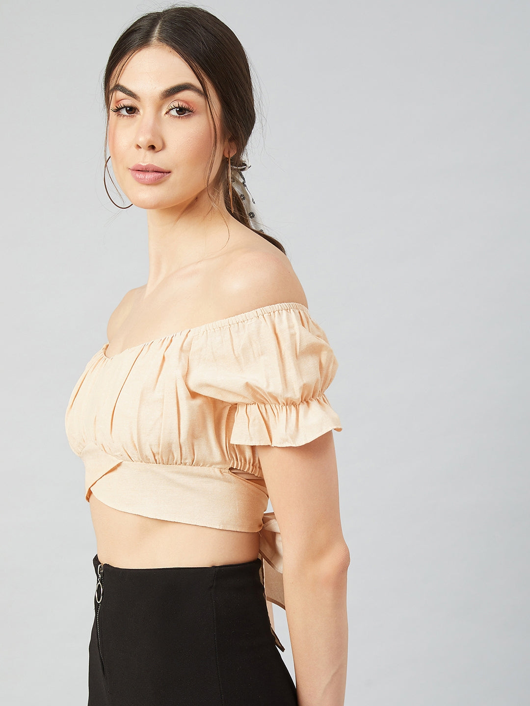 Athena Women Linen Beige Off-Shoulder Puff Sleeve With Back Knot Detail Bardot Crop Top - Athena Lifestyle