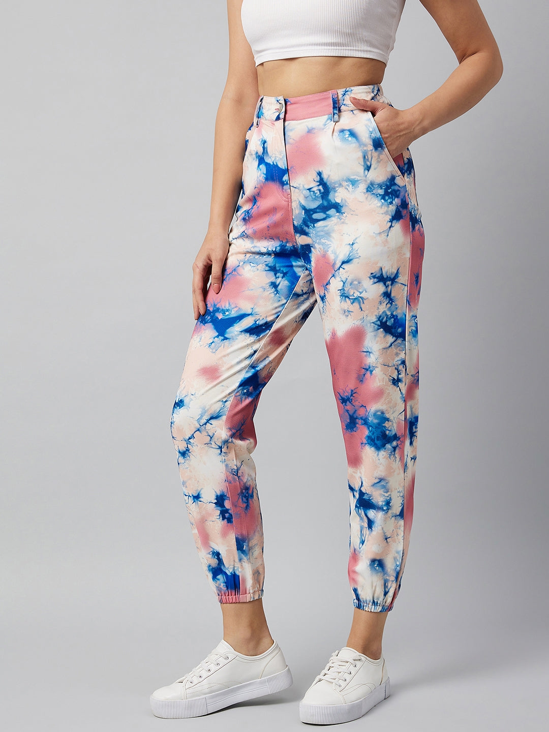 Athena Women Pink Floral Printed Smart Tapered Fit Easy Wash Joggers Trousers - Athena Lifestyle