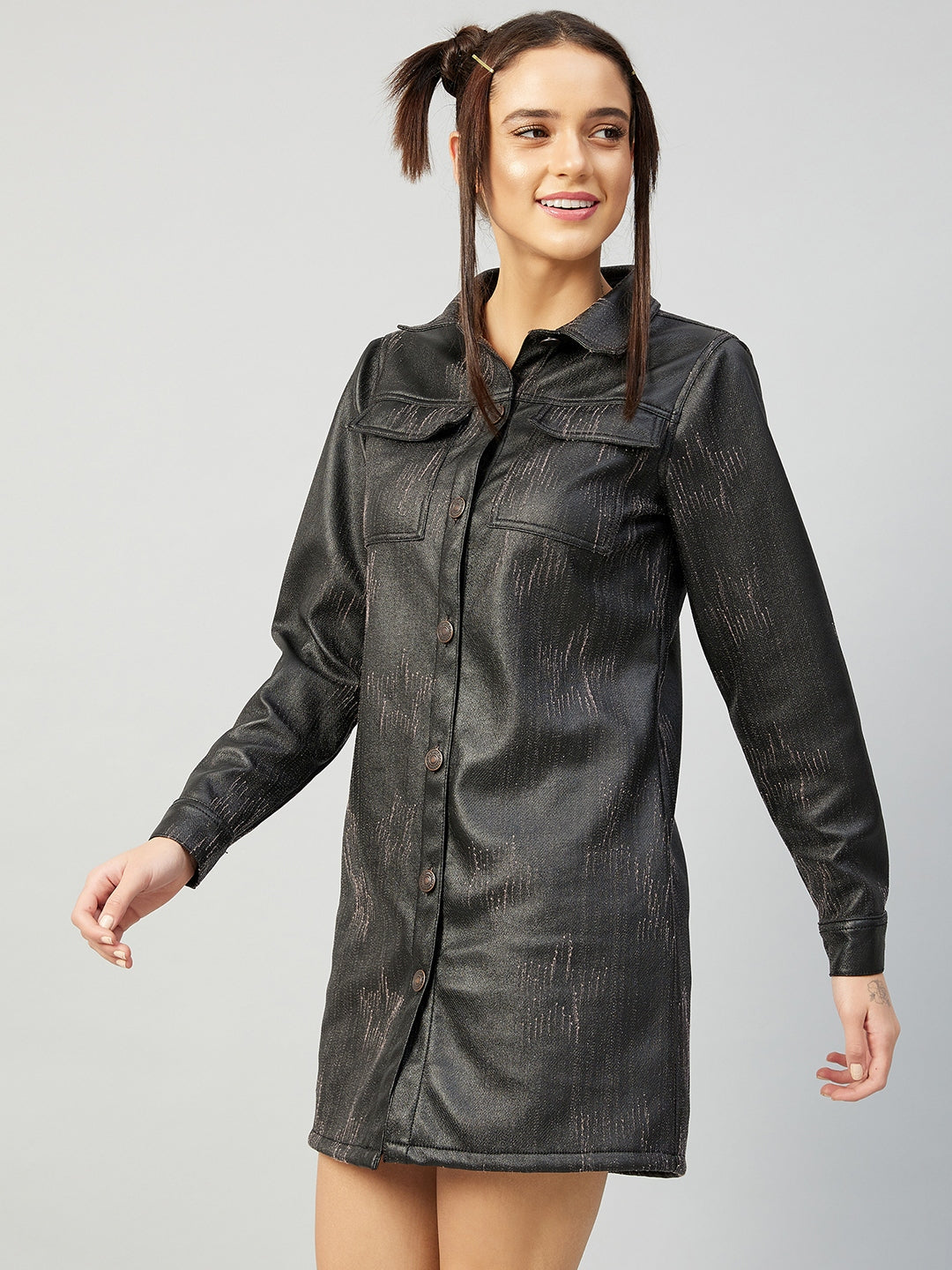 Athena Charcoal Black Leather Shirt Mini Dress - Athena Lifestyle