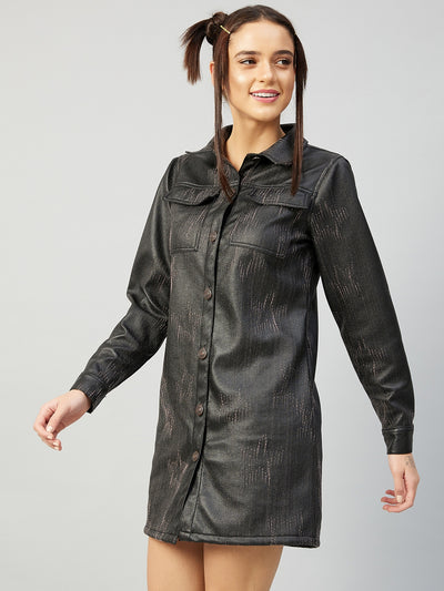 Athena Charcoal Black Leather Shirt Mini Dress - Athena Lifestyle