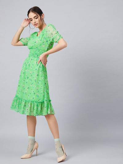 Athena Women Green Printed Fit and Flare Dress - Athena Lifestyle