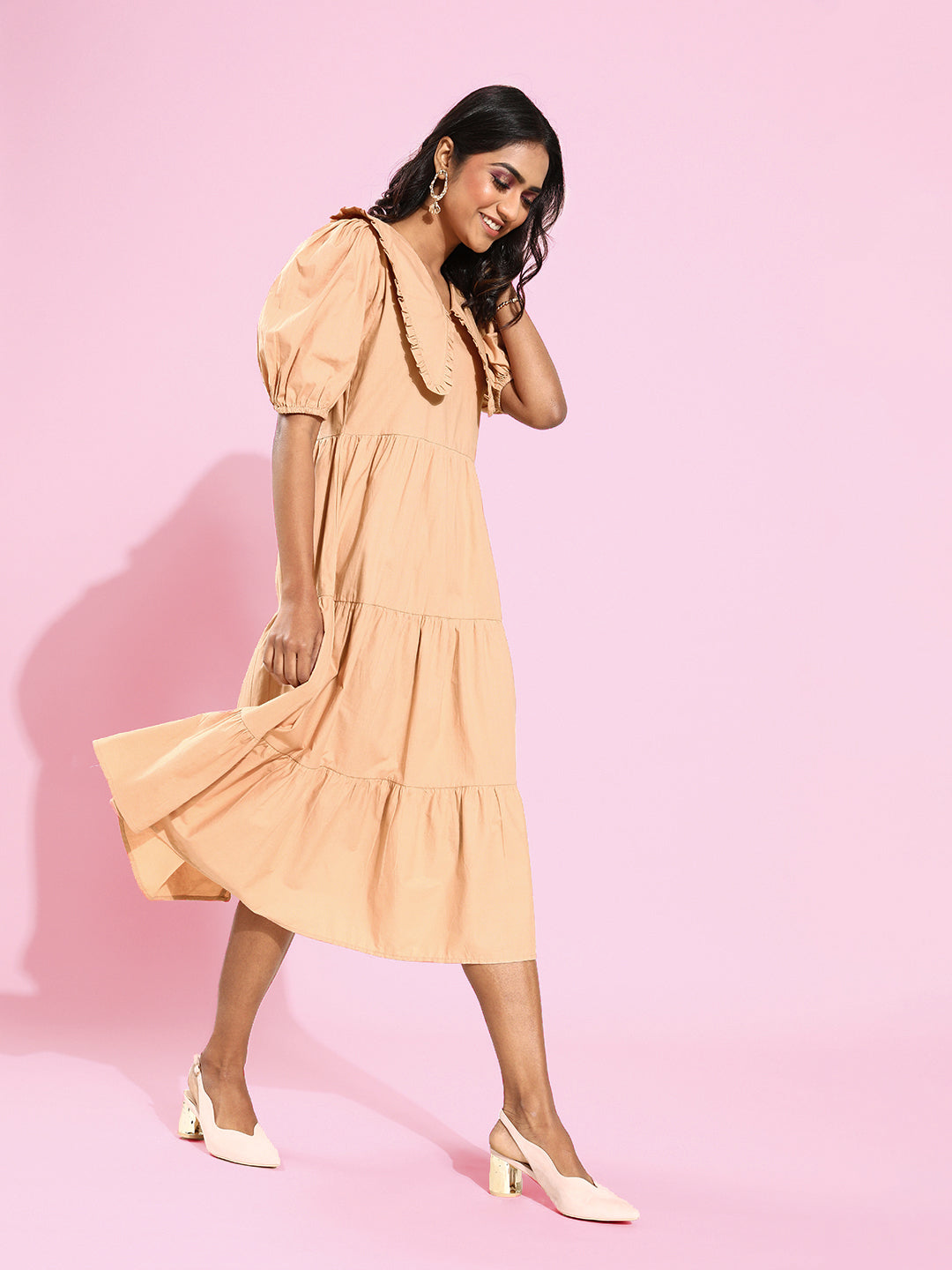 Athena Women Attractive Peach Solid Above The Keyboard Collar Dress - Athena Lifestyle