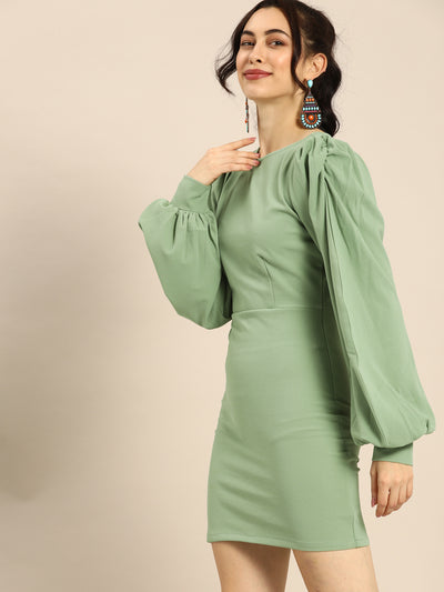 Athena Vintage Olive Green Puff Sleeves Bodycon Dress - Athena Lifestyle