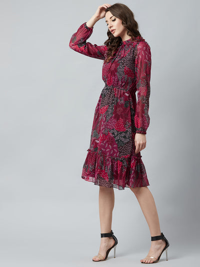 Athena Women Maroon Floral Printed Fit and Flare Dress - Athena Lifestyle