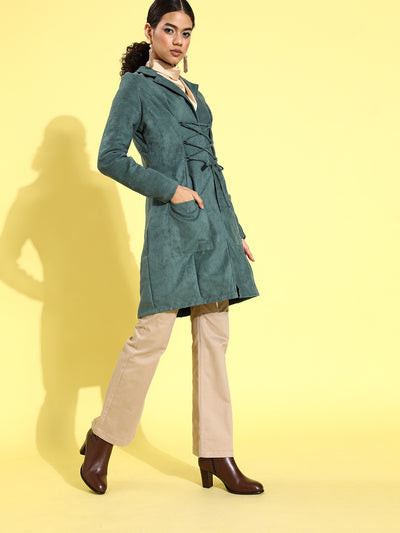 Athena Teal Suede coat with waist Draw-string and pocket details - Athena Lifestyle