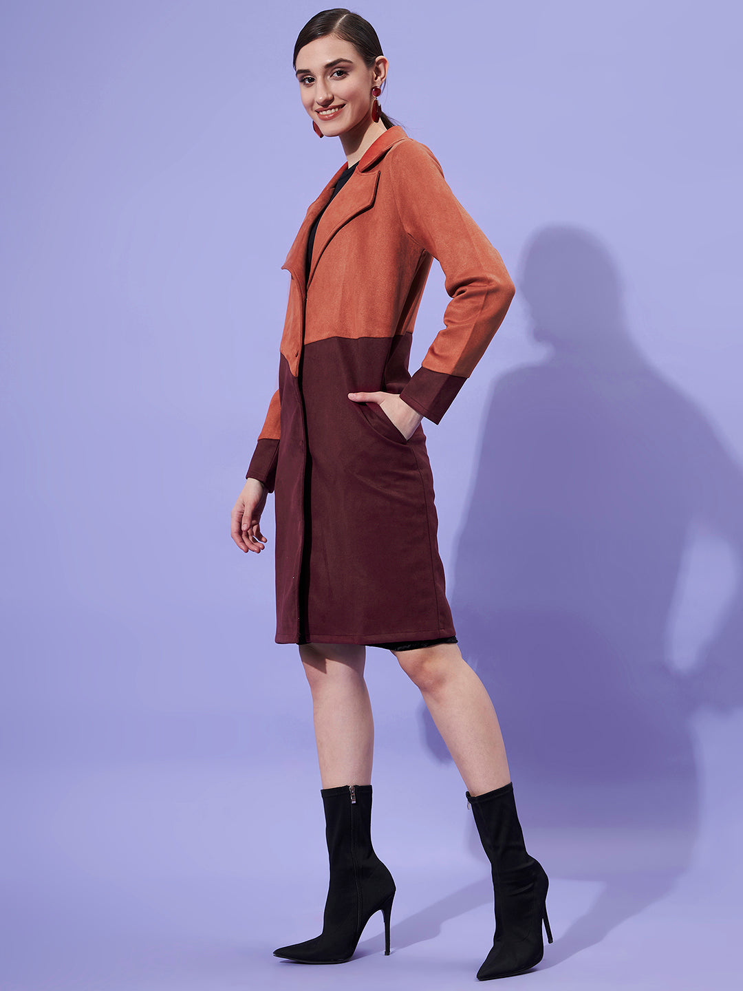 Athena Women Rust & Brown Colourblocked Suede Trench Coat - Athena Lifestyle