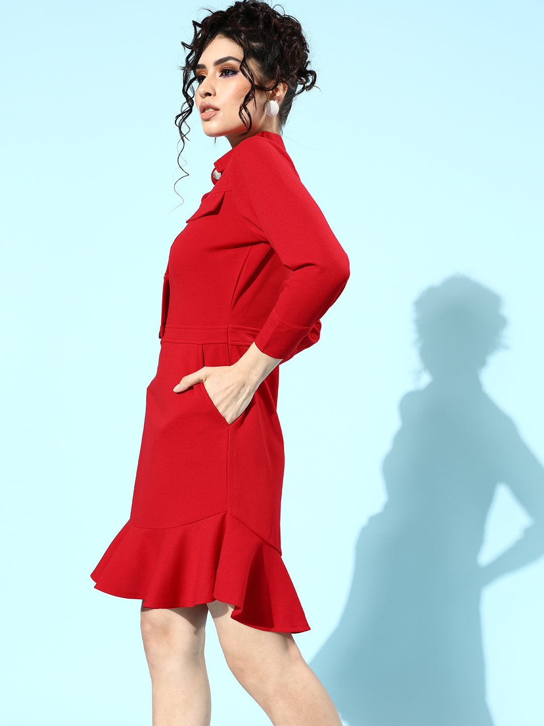 Athena Women Red Solid Collared Fit & Flare Dress - Athena Lifestyle
