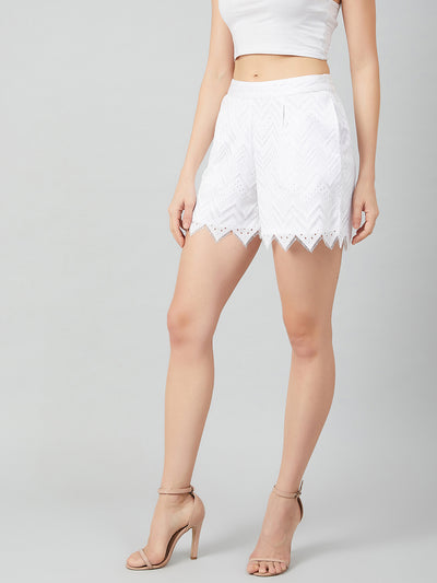 Athena Women White Solid Regular Fit Chevron Lace Shorts - Athena Lifestyle