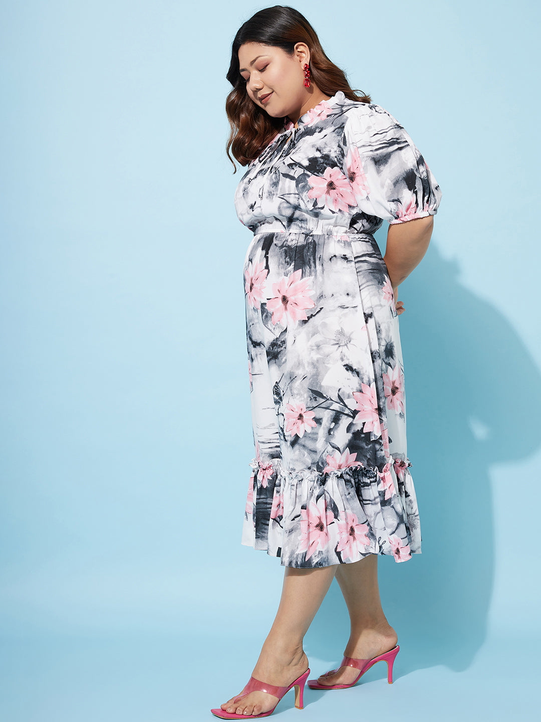 Athena Ample Plus Size Floral Print Puff Sleeve Crepe Fit & Flare Midi Dress - Athena Lifestyle
