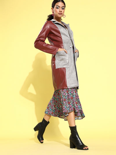 Athena Grey-Maroon color-blocked coat with patch pocket details - Athena Lifestyle