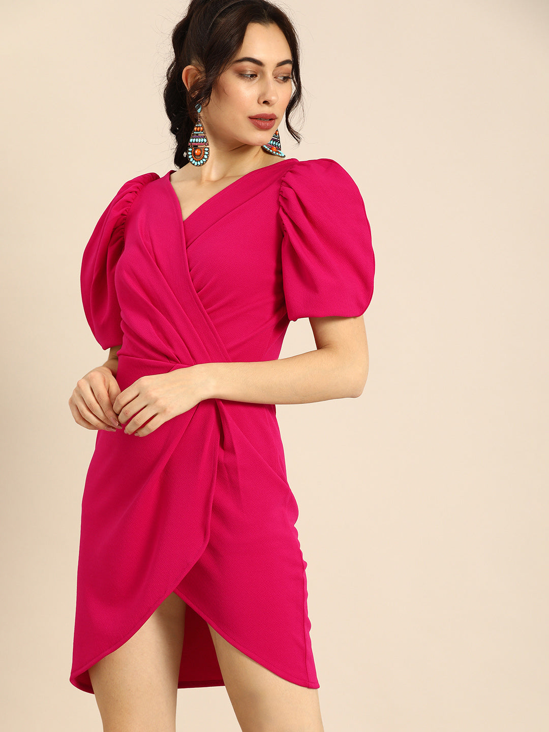 Athena Charming Fuchsia Pink Power Shoulders Tulip Hem Wrap Dress - Athena Lifestyle