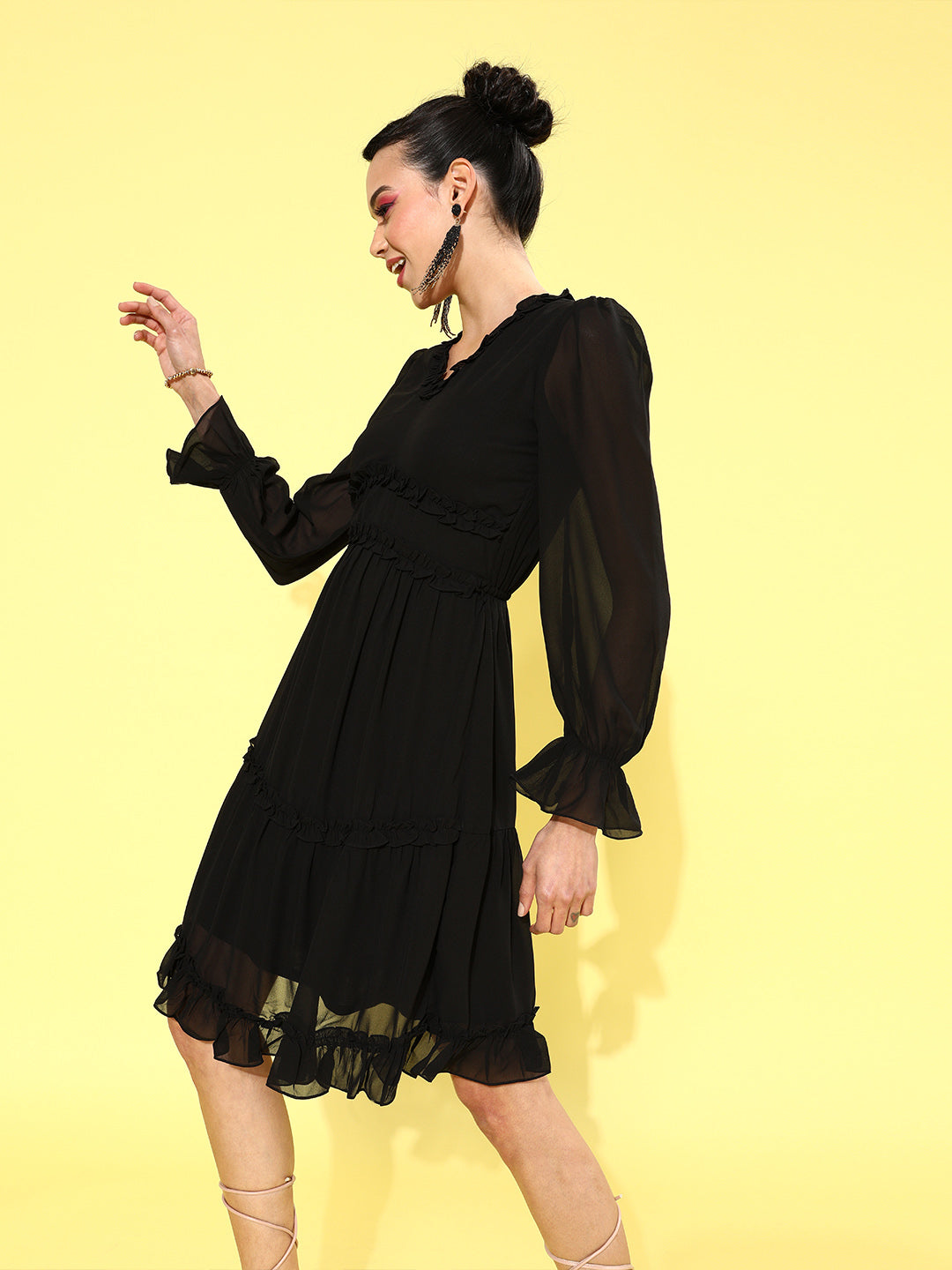 Athena Women Stylish Black Solid Waisted Dress - Athena Lifestyle