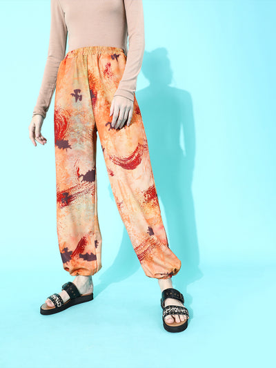 Athena Brown color retro tapered trouser with abstract print - Athena Lifestyle