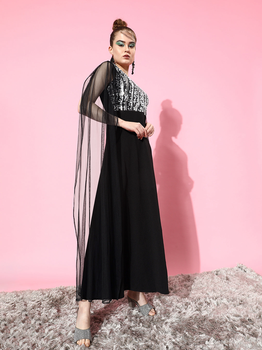 Athena Black & Silver-Coloured Embellished Sequin Cape Sleeves Net Maxi Dress - Athena Lifestyle