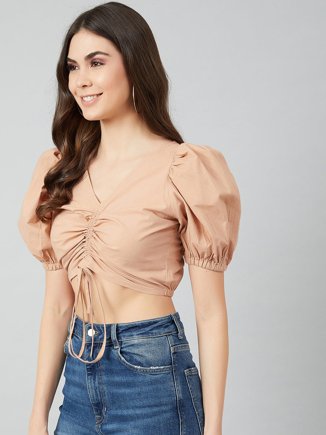 Athena Beige-Coloured Puff Sleeves Pure Cotton Fitted Crop Top - Athena Lifestyle