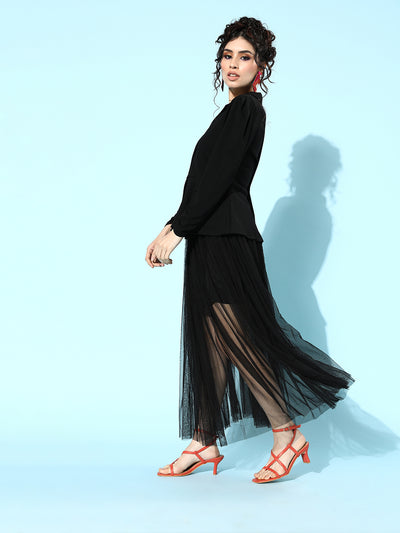 Athena Women Black Solid Blazer with Tulle Skirt - Athena Lifestyle
