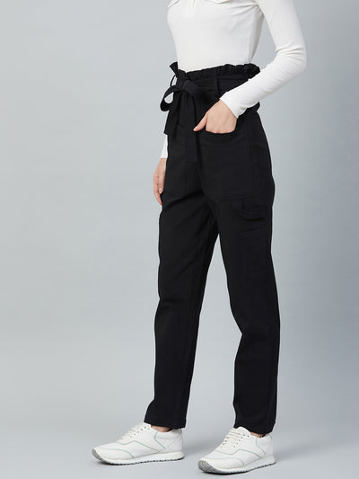 Athena Women Black Smart Regular Fit Solid High Waist Easy Wash Regular Trousers with Belt - Athena Lifestyle