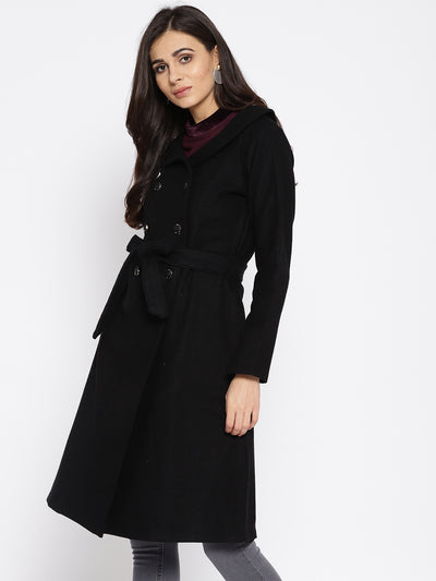 Athena Women Black Solid Longline Woolen Long Sleeve Overcoat - Athena Lifestyle