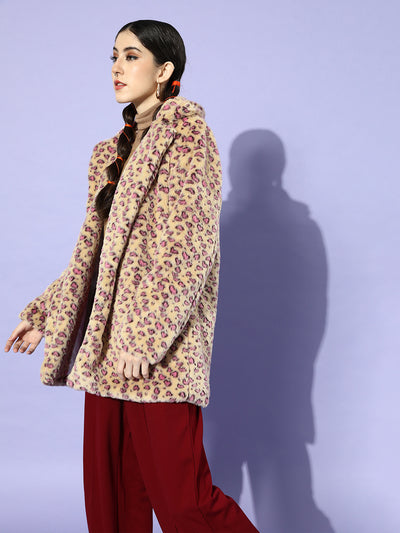 Athena Pink-Beige Animal print Faux Fur Trench Coat with pocket detail - Athena Lifestyle
