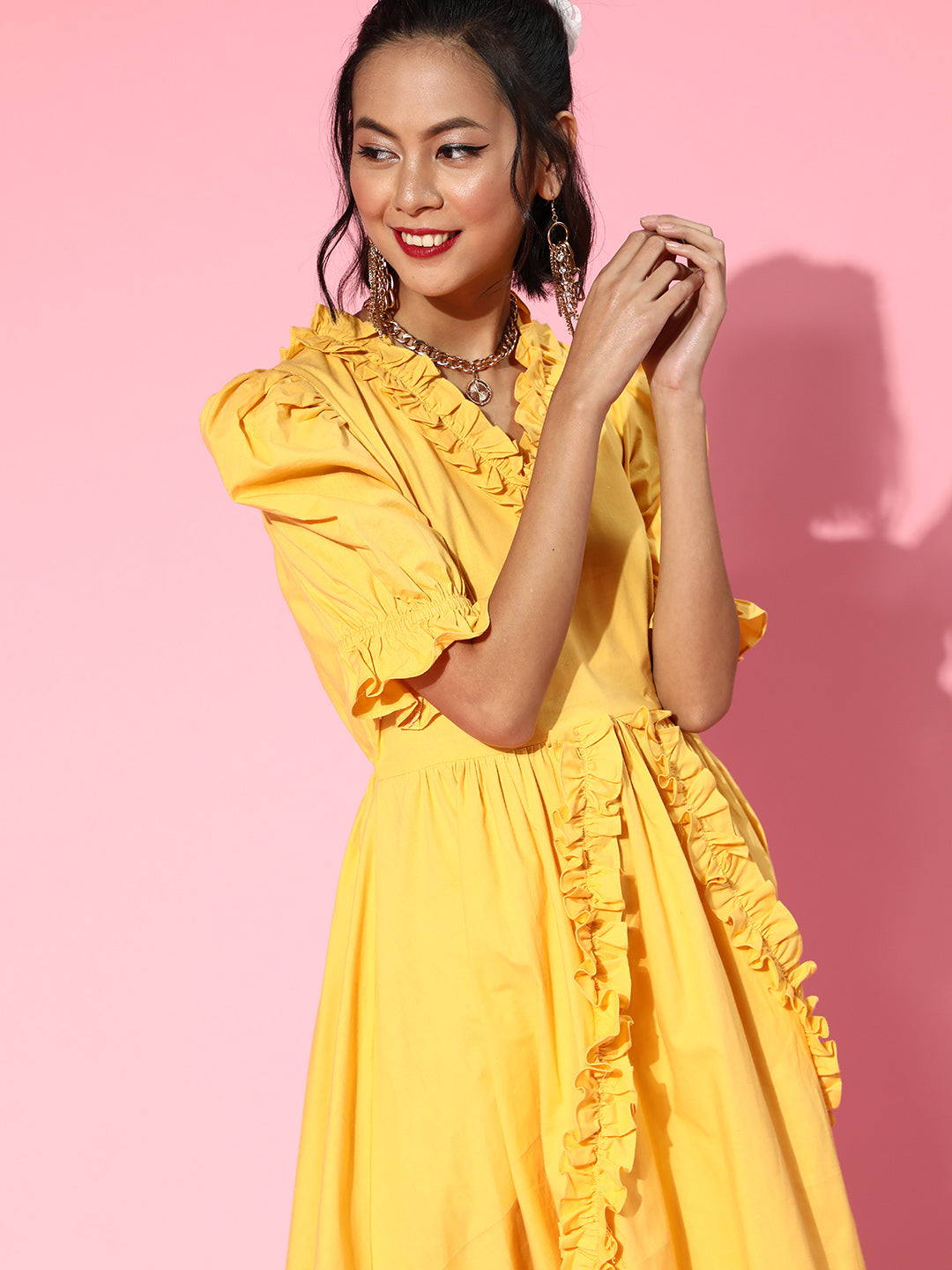 Athena Yellow cotton ruffle and Front Bow Detail Dress - Athena Lifestyle